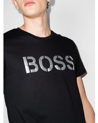 schwarzes und silbernes bedrucktes T-Shirt mit einem Rundhalsausschnitt von BOSS