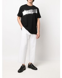 schwarzes und silbernes bedrucktes T-Shirt mit einem Rundhalsausschnitt von Balmain