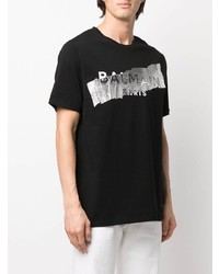 schwarzes und silbernes bedrucktes T-Shirt mit einem Rundhalsausschnitt von Balmain