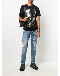 schwarzes und silbernes bedrucktes T-Shirt mit einem Rundhalsausschnitt von Philipp Plein