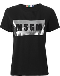 schwarzes und silbernes bedrucktes T-Shirt mit einem Rundhalsausschnitt von MSGM