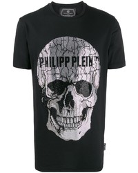 schwarzes und silbernes bedrucktes T-Shirt mit einem Rundhalsausschnitt von Philipp Plein