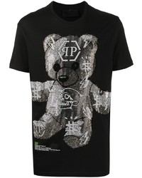 schwarzes und silbernes bedrucktes T-Shirt mit einem Rundhalsausschnitt von Philipp Plein