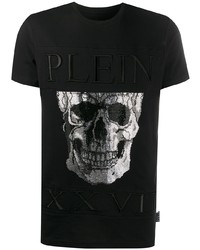 schwarzes und silbernes bedrucktes T-Shirt mit einem Rundhalsausschnitt von Philipp Plein