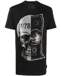 schwarzes und silbernes bedrucktes T-Shirt mit einem Rundhalsausschnitt von Philipp Plein