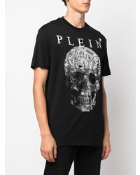 schwarzes und silbernes bedrucktes T-Shirt mit einem Rundhalsausschnitt von Philipp Plein