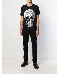 schwarzes und silbernes bedrucktes T-Shirt mit einem Rundhalsausschnitt von Philipp Plein