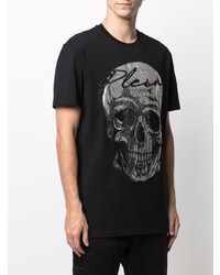 schwarzes und silbernes bedrucktes T-Shirt mit einem Rundhalsausschnitt von Philipp Plein