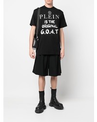 schwarzes und silbernes bedrucktes T-Shirt mit einem Rundhalsausschnitt von Philipp Plein