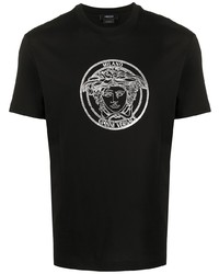 schwarzes und silbernes bedrucktes T-Shirt mit einem Rundhalsausschnitt von Versace