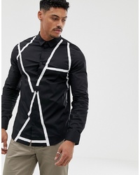 schwarzes und weißes bedrucktes Langarmhemd von Armani Exchange