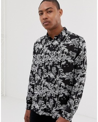 schwarzes und weißes bedrucktes Langarmhemd von Burton Menswear