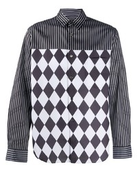 schwarzes und weißes bedrucktes Langarmhemd von Comme Des Garcons Homme Plus