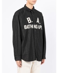 schwarzes und weißes bedrucktes Langarmhemd von A Bathing Ape