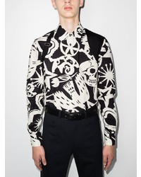 schwarzes und weißes bedrucktes Langarmhemd von Alexander McQueen
