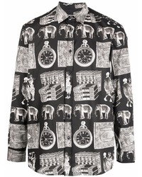 schwarzes und weißes bedrucktes Langarmhemd von Waxman Brothers