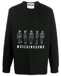schwarzes und weißes bedrucktes Langarmshirt mit einer Knopfleiste von Moschino