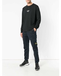 schwarzes und weißes bedrucktes Langarmshirt von Stone Island