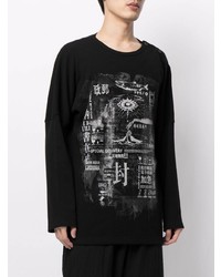 schwarzes und weißes bedrucktes Langarmshirt von Yohji Yamamoto