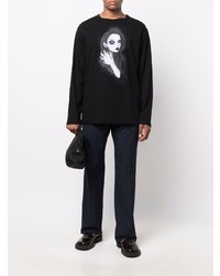 schwarzes und weißes bedrucktes Langarmshirt von Yohji Yamamoto