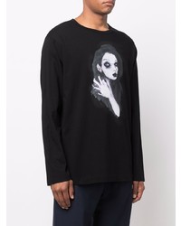 schwarzes und weißes bedrucktes Langarmshirt von Yohji Yamamoto