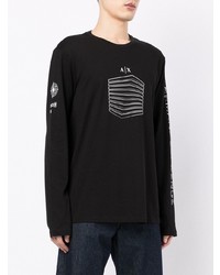 schwarzes und weißes bedrucktes Langarmshirt von Armani Exchange