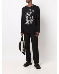 schwarzes und weißes bedrucktes Langarmshirt von Yohji Yamamoto