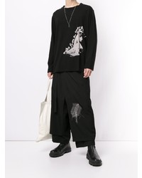 schwarzes und weißes bedrucktes Langarmshirt von Yohji Yamamoto