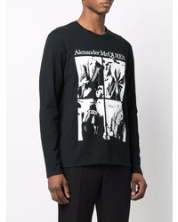 schwarzes und weißes bedrucktes Langarmshirt von Alexander McQueen