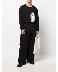 schwarzes und weißes bedrucktes Langarmshirt von Yohji Yamamoto