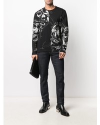 schwarzes und weißes bedrucktes Langarmshirt von Alexander McQueen