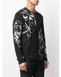 schwarzes und weißes bedrucktes Langarmshirt von Alexander McQueen