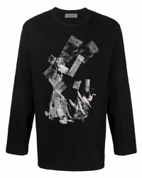 schwarzes und weißes bedrucktes Langarmshirt von Yohji Yamamoto