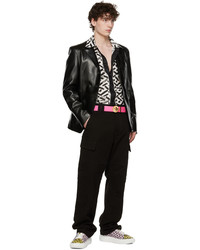 schwarzes und weißes bedrucktes Leinen Langarmhemd von Versace