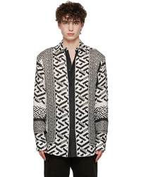 schwarzes und weißes bedrucktes Leinen Langarmhemd von Versace