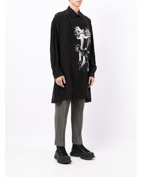 schwarzes und weißes bedrucktes Seidelangarmhemd von Yohji Yamamoto