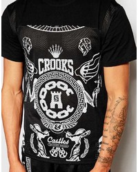 schwarzes und weißes bedrucktes T-Shirt mit einem Rundhalsausschnitt aus Netzstoff von Crooks & Castles