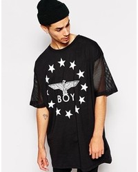 schwarzes und weißes bedrucktes T-Shirt mit einem Rundhalsausschnitt aus Netzstoff von Boy London