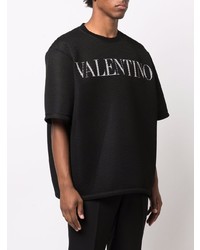 schwarzes und weißes bedrucktes T-Shirt mit einem Rundhalsausschnitt aus Netzstoff von Valentino