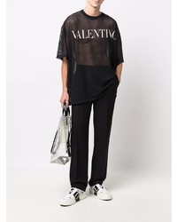 schwarzes und weißes bedrucktes T-Shirt mit einem Rundhalsausschnitt aus Netzstoff von Valentino