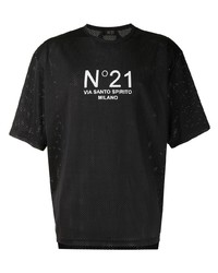 schwarzes und weißes bedrucktes T-Shirt mit einem Rundhalsausschnitt aus Netzstoff von N°21