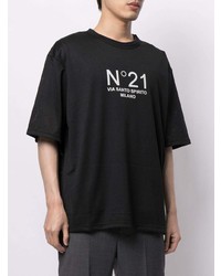 schwarzes und weißes bedrucktes T-Shirt mit einem Rundhalsausschnitt aus Netzstoff von N°21