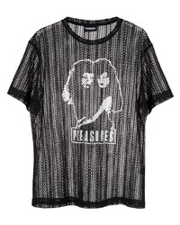 schwarzes und weißes bedrucktes T-Shirt mit einem Rundhalsausschnitt aus Netzstoff von Pleasures