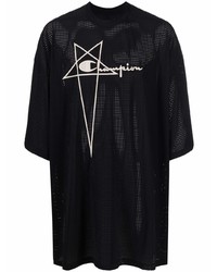 schwarzes und weißes bedrucktes T-Shirt mit einem Rundhalsausschnitt aus Netzstoff von Rick Owens X Champion