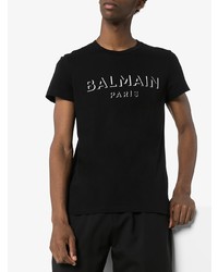 schwarzes und weißes bedrucktes T-Shirt mit einem Rundhalsausschnitt von Balmain