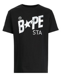 schwarzes und weißes bedrucktes T-Shirt mit einem Rundhalsausschnitt von A Bathing Ape