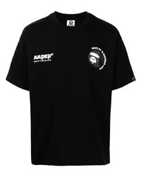 schwarzes und weißes bedrucktes T-Shirt mit einem Rundhalsausschnitt von AAPE BY A BATHING APE