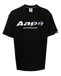 schwarzes und weißes bedrucktes T-Shirt mit einem Rundhalsausschnitt von AAPE BY A BATHING APE