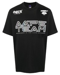 schwarzes und weißes bedrucktes T-Shirt mit einem Rundhalsausschnitt von AAPE BY A BATHING APE