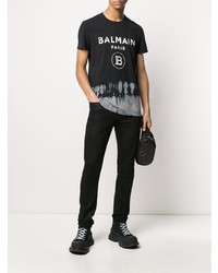 schwarzes und weißes bedrucktes T-Shirt mit einem Rundhalsausschnitt von Balmain